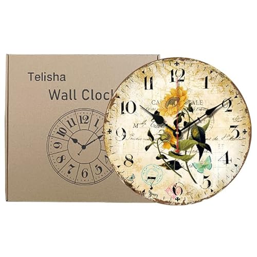 Telisha Wooden Wall Clock Flower Sunflower Butterfly Clock Retro Vintage Large Clock Home Decorative Country Non -Ticking Silent Quiet 14 Inch Gift #TOP2