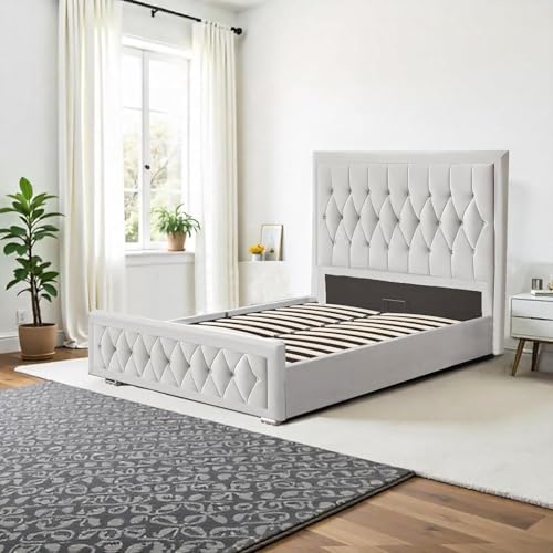 Chelsea – Lit king size de 1,5 m | Lit Chelsea en velours pelucheux avec vérin à gaz | Luxueux lit gris avec tête de lit boutonnée en diamant | Lit king...