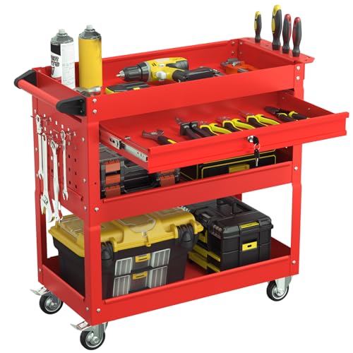 Image of 3 Tier Heavy Duty Rolling Tool Cart with Drawers, Large Storage Utility Cart on Wheels for Garage, Warehouse, Repair Shop (Red)