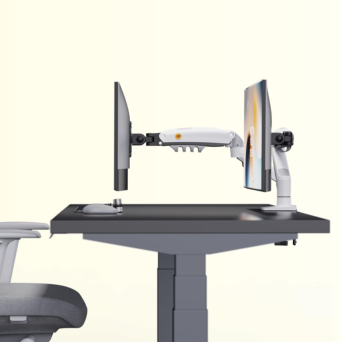 Supporto da scrivania con molla a gas per schermi LCD 17″-32″, bianco, VESA 75 mm e 100 mm, rotazione a 360° con peso da 2 a 9 kg