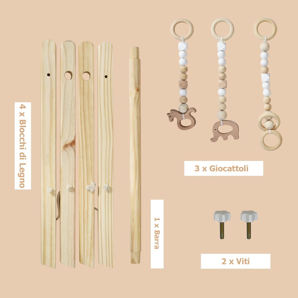 Palestrina Neonato Legno Montessori RELAX4LIFE con 3 Catene Diverse Rimovibili Baby Gym Multifunzione