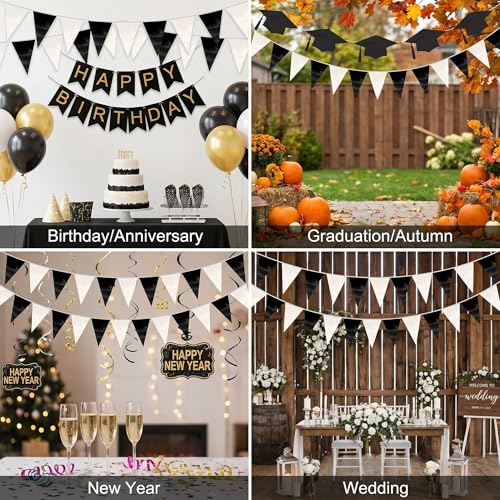 Image of 130FT Black White Triangle Pennant Banner Flag Metallic Fabric Bunting Garland for Christmas Graduation Birthday Wedding Bridal Shower Nautical Ahoy Achor Theme Party Decorations Supplies