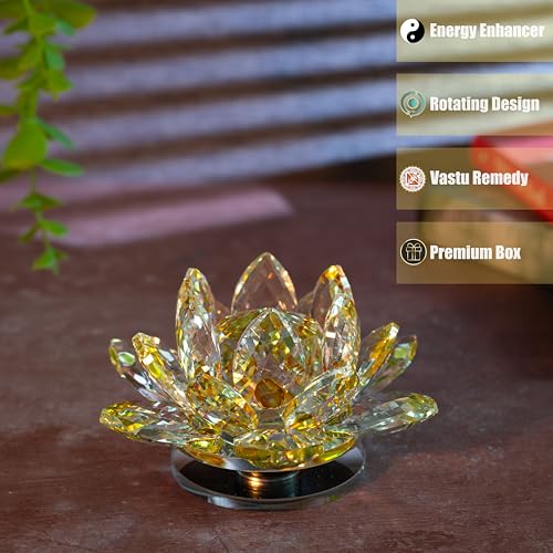 Image of Feng Shui Crystal Lotus Flower Showpiece & Paper Weight | Vastu Decor for Home & Office | Desk Decoration | Fengshui Items for Home Decor, Good Luck & Gifting | Yellow (Medium-10.5 x 5.5 CM)