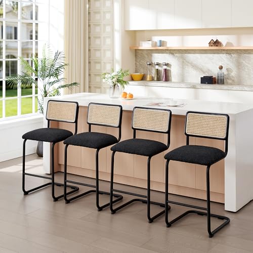 Image of ONEVOG Rattan Counter Height Bar Stools Set of 4, 26 inch Boucle Barstools with Natural Solid Wood Cane Back & Matte Black Metal Legs, Upholstered Counter Kitchen Island Chairs, Cantilevered Design, Black