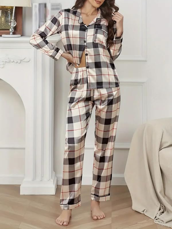 Image of Night Suit for Women with Full Sleeve Button-Down Top with Pant Dress for Woman,Night Dress for Woman, Two-Piece Loungewear Set