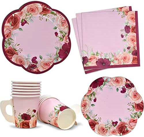 24 Disposable Tea Cups and Saucers Sets Floral Design 7" Flower Scallop Shaped Plates 24 5" Saucer Paper Plate 24 5 oz. Tea Cup with Handle 48 Lunch Napkins for Spring Wedding Birthday Party Supplies