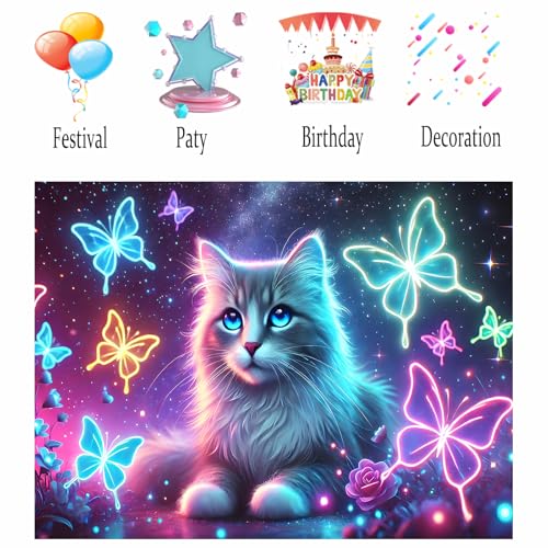Image of Nuxovilar Glowing Cat Wall Tapestry Polyester 59.05x51.18 In | Glow Poster Trippy Wall Art Animal Decor UV Backdrop Living Room Bedroom Lounge Space Room (Cat Butterflies)