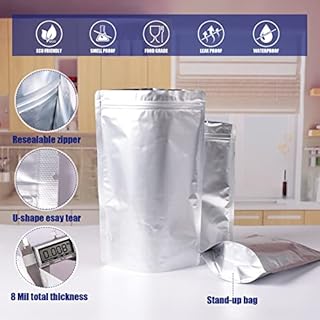 120 Mylar Bags for Food Storage with Oxygen Absorbers 300cc, 8 Mil, 1Gallon Stand-Up Zipper Resealable & Heat Sealable Bags + Labels