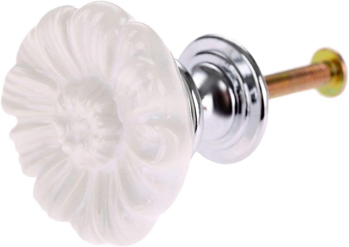 6 Pack Vintage Cabinet Knobs White Ceramic Drawer Handles Cupboard Dresser Wardrobe Closet Door Knobs Pulls Kitchen Furniture Knobs with Long Short Screws, Chrysanthemum Daisy Flower Shaped
