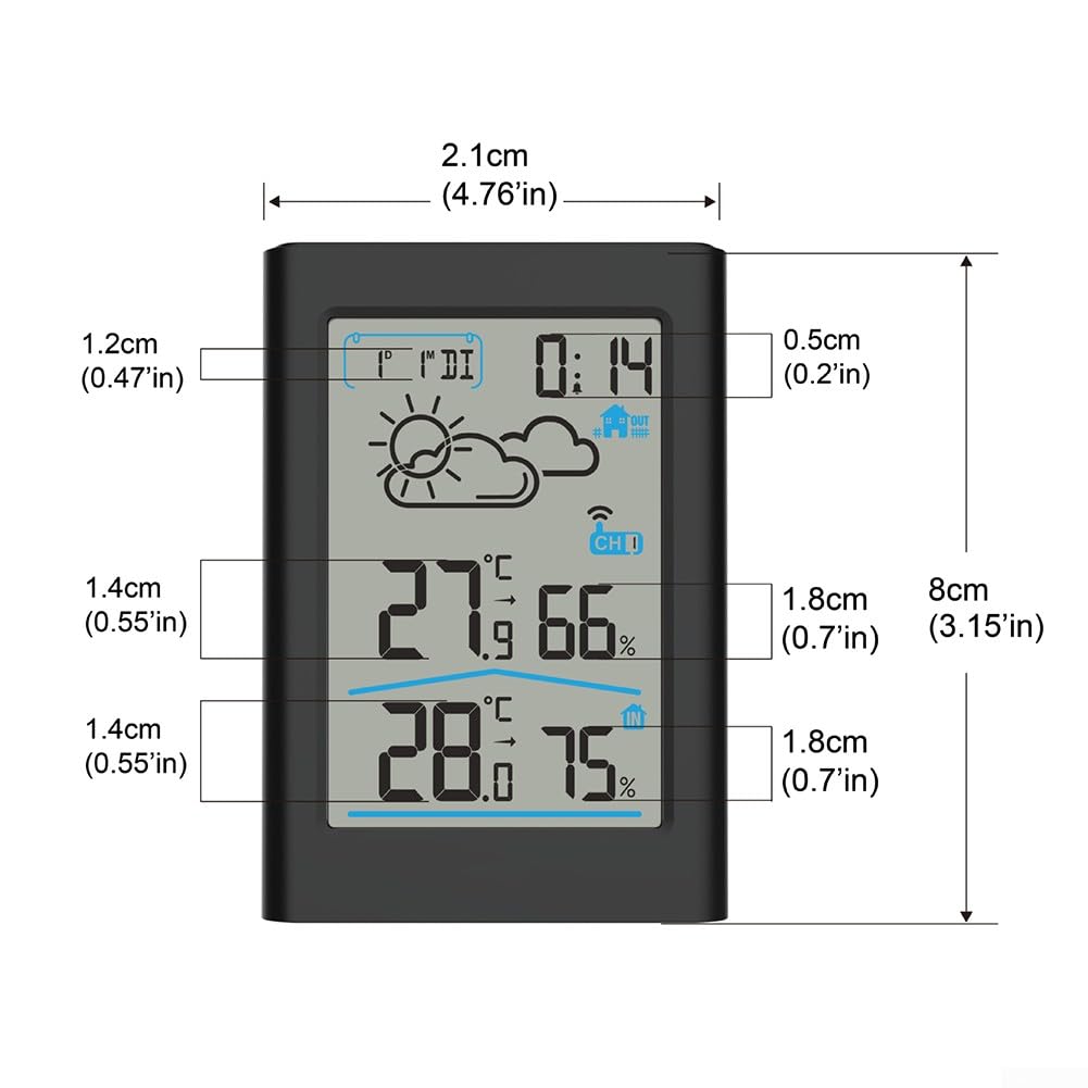 Bezprzewodowa stacja pogodowa, cyfrowy termometr wewnętrzny i zewnętrzny, cyfrowy czujnik wilgotności i termometru z wyświetlaczem LCD(Black)