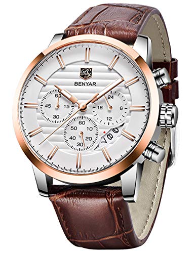 BENYAR Chronograph Waterproof Watches Business and Sport Design Brown Leather Band Strap Wrist Watch for Men (L Rose Gold White B)