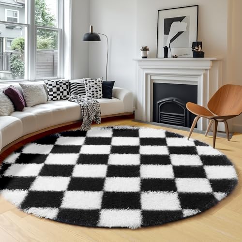 Image of KICMOR Round Rugs 8ft Black and White Circle Area Rug, Fluffy Soft Large Fuzzy Shag Shaggy Bedroom Living Room Carpet, Indoor Checkered Circular Rug for Kids Boys Girls Home Decor Aesthetic, Nursery
