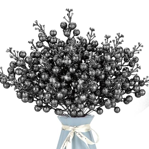 Kunjocy Lot de 12 Pièces Tiges de Baies Artificielles à Paillettes de Noël Tiges de Sapin de Noël avec Paillettes en Poudre Pics de Baies de Noël Décoration Florale Artisanat pour Bricolage de Noël