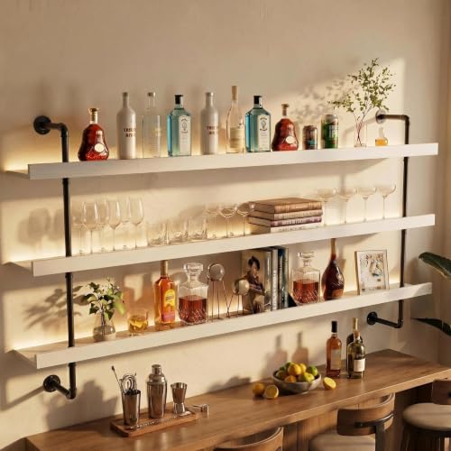 Image of HOUSESET 36 /48 /60 /72 /84in Wine Wall Rack with Led Lights, 3-Tiers Modern Pipe Liquor Bottle Display Shelf, Bar Shelves Wall Mounted for Commercial Bar, Restaurant, Home