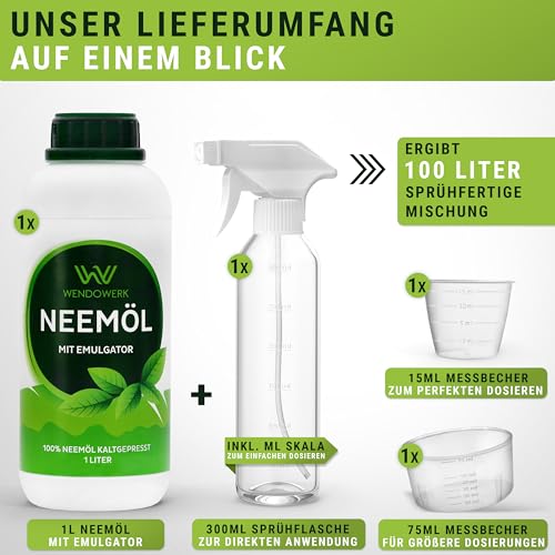 WENDOWERK® Neemöl [1000ml] - Inkl. Sprühflasche und Messbecher - Neemöl mit Emulgator zur direkten Anwendung - Niemöl zur natürlichen Pflanzenpflege für Indoor und Outdoor