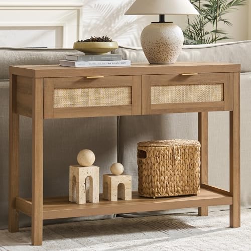 SICOTAS Rattan Console Table with Drawers Boho Entryway Table Sofa Table