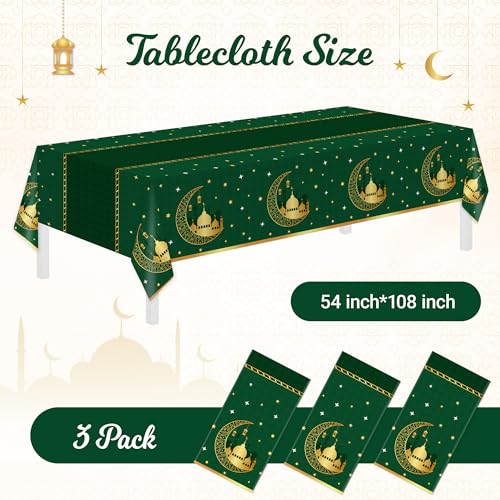 Image of Childom 3 Pack Ramadan Table Cloth,Ramadan Decorations for Home,54 inch x 108 inch Eid Mubarak Decorations,Eid Ramadan Tablecloths Rectangular,Green Plastic Table Cloth Disposable Table Cover for Party Favors