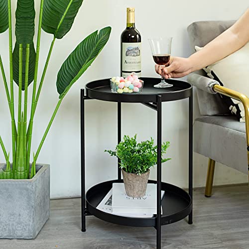 Guudoo Black Side Table,2 Tier Folding Round End Table Metal Waterproof Snack Beside Table Accent Coffee Table For Living Room Bedroom And Balcony #TOP3
