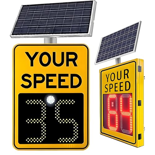 COAKUE Señal de límite de Velocidad con Radar y alimentación Solar, con Accesorios, Panel de Advertencia de Velocidad con información de tráfico, señal LED de Radar. Yellow/2digitdisplay 27″×20″