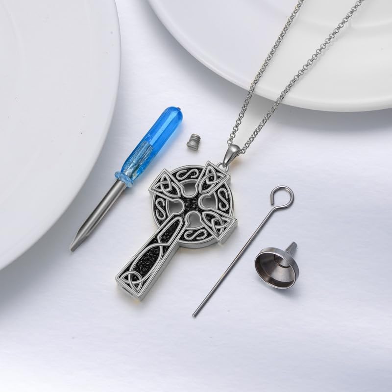 SOULMEET Celtic Cross Ashes Necklace for Men Women, Large Silver/Gold Irish Celtic Knot Cross Urn Locket for Ashes Keepsake Cremation Jewelry Gift for Loss Mommy Daddy