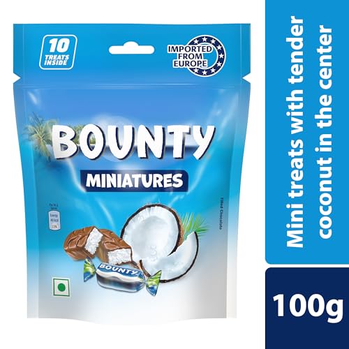 Image of Bounty Miniatures Filled Chocolate Pack | Imported Chocolates | Soft & Tender Coconut in the Centre | Premium Chocolate | 10 Mini Coconut Bars | 100 g | Pack of 4
