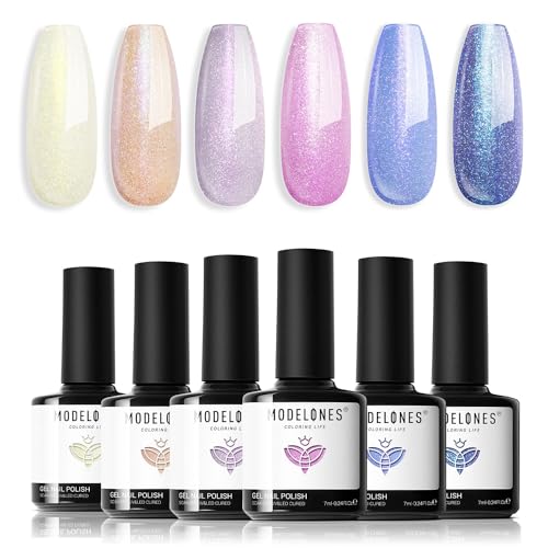 Modelones Esmaltes Semipermanentes para Uñas en Gel,6 Colores Kit Pintauñas Semipermanentes Uñas de Gel UV LED en Gel Nail Polish Esmalte Uñas para Manicura,Sirena Amarillo Naranja Violeta Rosa Azul