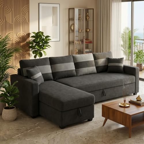 Image of CASASTYLE Sumur 6 Person Seating LHS L Shape Sofa with Pull Out Bed & Storage Lounger | Premium Soft Velvet Suede Fabric | Comfort Cushions | Ideal for Living Room, Hotel & Office (Dark Grey)
