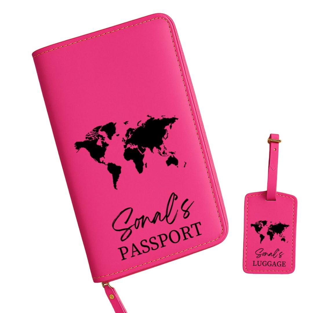 Customized Travel Organizer with Luggage Tag, Pink Faux Leather, World Map Design-image-21