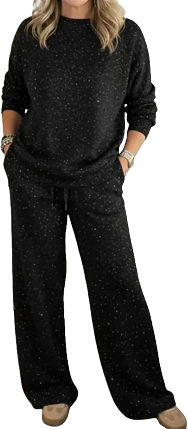 Cozy Travel Crew Neck Shiny Sweatshirt and Pant 2 Piece Sets, Casual Holiday Home Sleepwear Set And Tracksuit