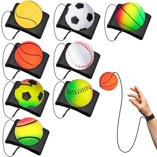 GBKDQQ Lot de 8 balles rebondissantes avec cordon - Diamètre : 6,3 cm - Avec élastique - Jouet de sport pour enfants et adultes - Pour football, basketball, softball, baseball