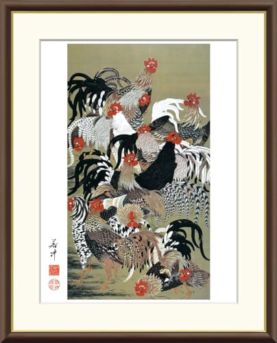 10年保証 絵画 版画 群鶏図 伊藤若冲 手彩仕上 高精細巧芸画 F8