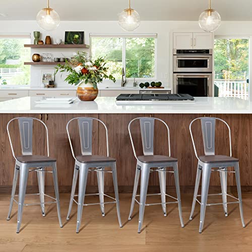Image of Aklaus Swivel Metal Bar Stools Set of 4 Counter Height Stools Counter Bar Stools with Back Swivel Metal Bar Chairs Wooded Seat 26 Inch Rusty