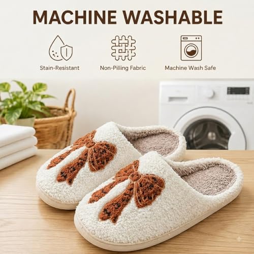 Image of Bow Slippers for Women, Girly House Shoes, Fuzzy Non Slip Sole