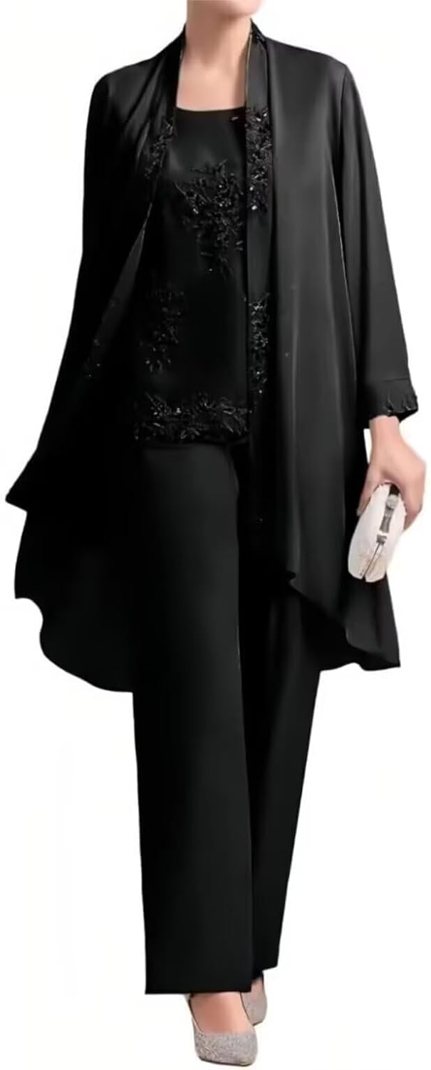 3 Piece Mother of Bride Pant Suits for Wedding - Chiffon Lace Applique Formal Wedding Guest Outfit with Jacket