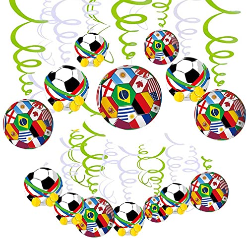 YEJAHY 30 remolinos colgantes de fútbol 2022 decoraciones de la Copa Mundial de Qatar, remolinos de techo de aluminio de la Copa Mundial de Fútbol para fiestas de fútbol Cover