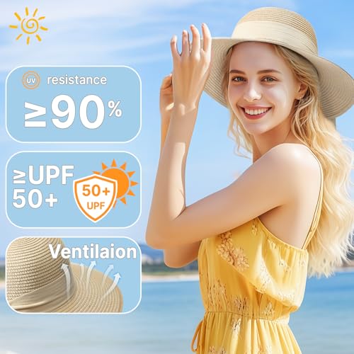 Image of Beach Hats for Women, Sun Straw Hat for Women, UPF 50+ UV Sun Protection Sun Hat Womens, Foldable Floppy Sun Hat