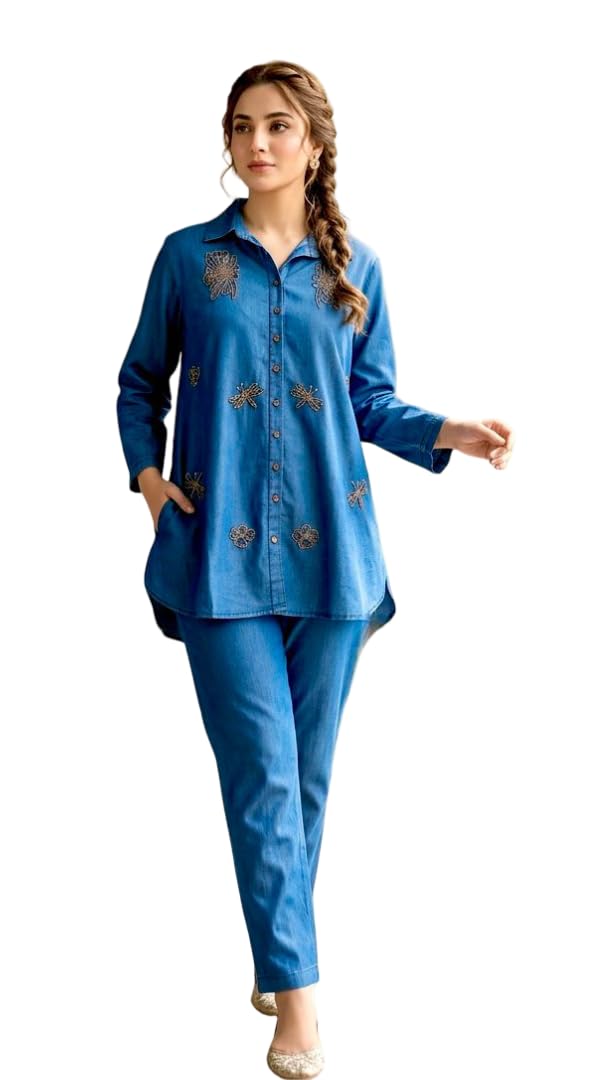 PatolaSwag Women’s Denim Cotton Co-Ord Set with Stone Butterfly Work | Stylish Shirt Top & Straight Pants Set | Casual Outfit for Women (in, Alpha, L) Indigo-image-14