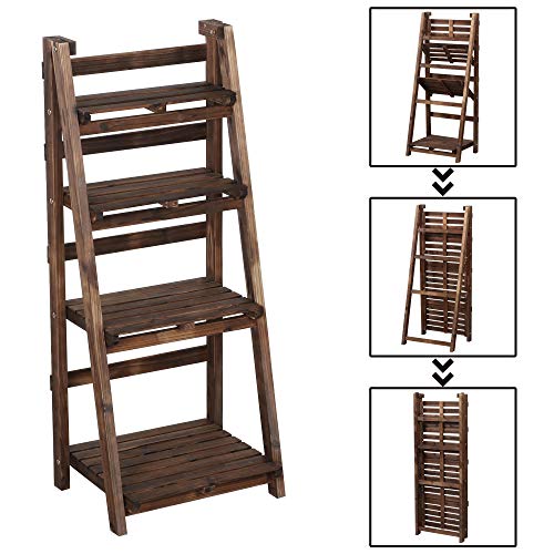 YAHEETECH 4-Tier Wooden Foldable Ladder Shelf Magazine Holders Literature Racks Plant Stands Folding Flower Display Pot Decorative Storage Free Standing Indoors/Outdoors Rustic No Assembly Required