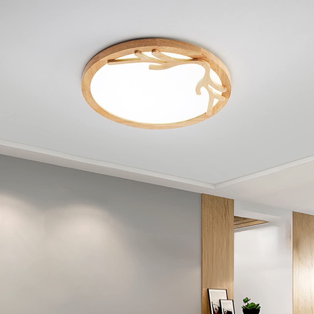Lampy wiszące Ściemnialna lampa LED do sypialni Drewniane lampy sufitowe ze zdalnym sterowaniem Designerskie oświetlenie LED do salonu, gabinetu, jadalni (średnica 50 cm)