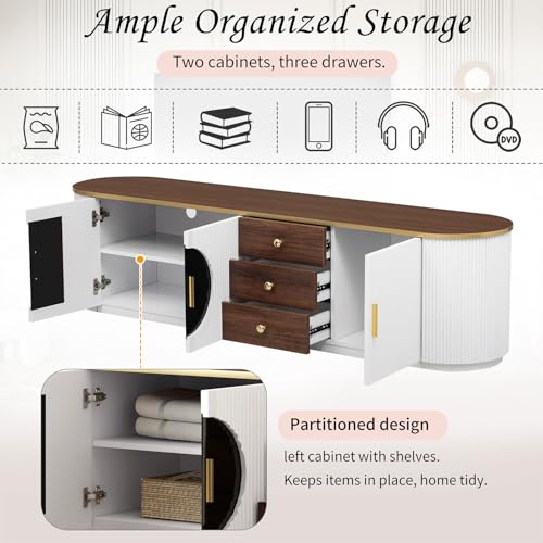 Image of 70.8 inch Modern TV Stand with Glass Doors & Storage Drawers, Fluted Media Console for TVs Up to 90 inch, Entertainment Center with Shelves & Cable Management - Gold Accents, Walnut Finish,White