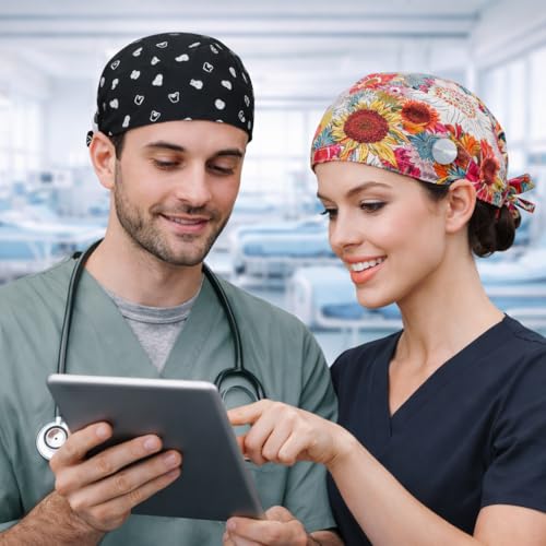 Image of QBA Adjustable Working Cap with Button, Cotton Working Hat Sweatband, Elastic Bandage Tie Back Hats for Women & Men, One Size