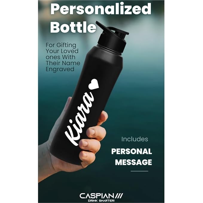 Image of CASPIAN / / / Trek Customised Stainless Steel Water Bottle 1L, Religious Symbol Print with Name - Spiritual Personalised Bottle for Temple, Office, Yoga & Corporate Gifting (Black)