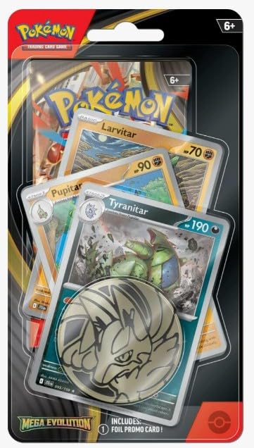 Pokemon Mega Evolutions Juego de cartas coleccionables TCG 1 paquete de refuerzo con 3 tarjetas promocionales y moneda (tiranitar, pupitar y larvitar)