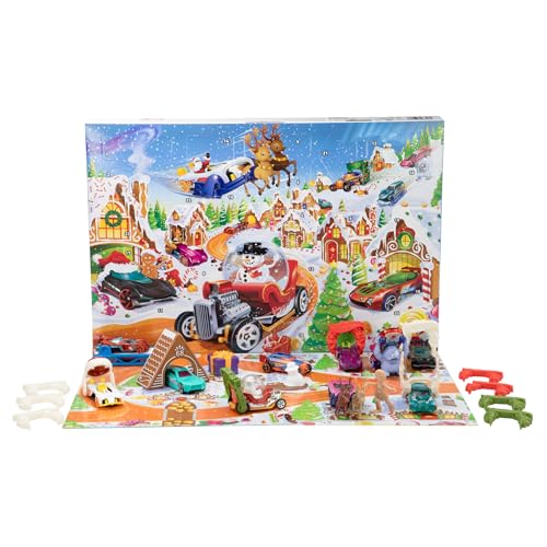 Hot Wheels Spielzeugautos und Spielset, Adventskalender 2025 mit 10 Fahrzeugen im Maßstab 1:64, 10 Clips zum Befestigen und 14 winterlichen Zubehörteilen, JCB47