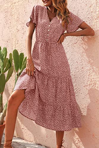 Prettygarden Women's Floral Boho Dress Casual Short Sleeve V Neck Ruffle Tiered 2023 Summer Swing Maxi Dresses(Brick Red Floral,Medium) #TOP7