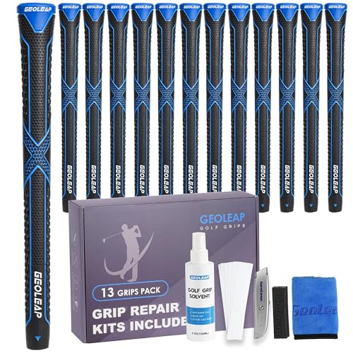 Geoleap Golf Grips 13 Pack with Complete Regripping Kit -Reduced Taper & Triple Texture Non-Slip Design Golf Club Grips High Shock-Absorbing Soft Feel Golf Grips for Men and women. (Black blue Midsize)