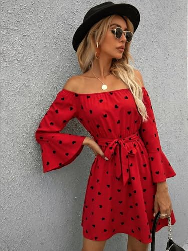 Image of Off Shoulder Ruffle Dress for Women, A-Line Mini Dress with Belt, Fitted Bust Summer Wedding Guest Dress