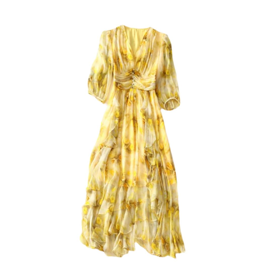 Pulcykp Vestido largo midi de media manga con estampado floral para mujer, elegante, casual, ajustado