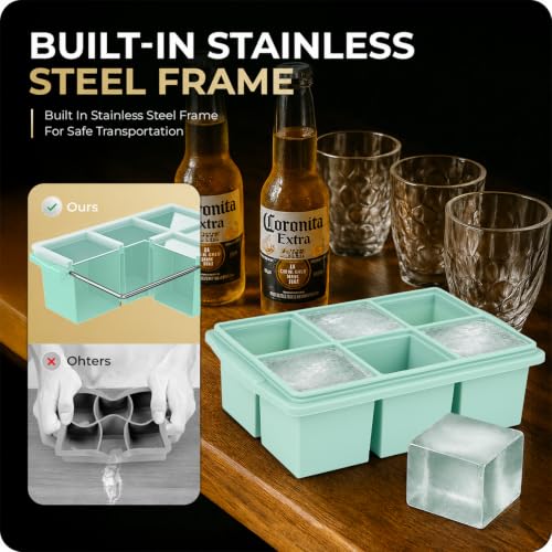 Image of Large Ice Cube Trays for Whiskey, Silicone Ice Cube Tray, with Reinforced Steel Ring Top, Makes 12 perfect 2-in ice cubes, Square Ice Tray for Cocktails, Whiskey, Coffee. (2 Pack)