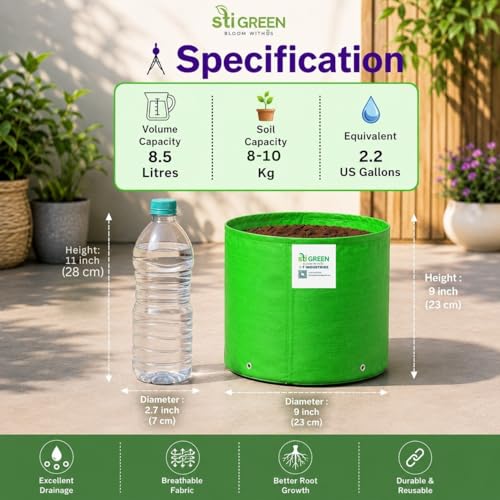 Image of HDPE Grow Bags for Plants 9X9 Inch (Pack of 15) | 260 GSM Heavy Duty UV-Protected Round Green Colour Plant Bags for Terrace and Vegetable Gardening | Strong & Reusable|